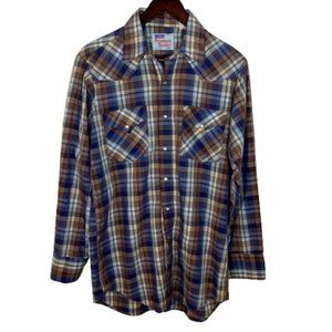 VTG MWG Rhinestone Cowboy Plaid  Western Shirt Cowboy Pearl Snap Size Small
